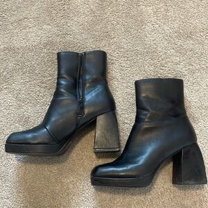 Women’s black square toe platform, chunky heeled booties leather